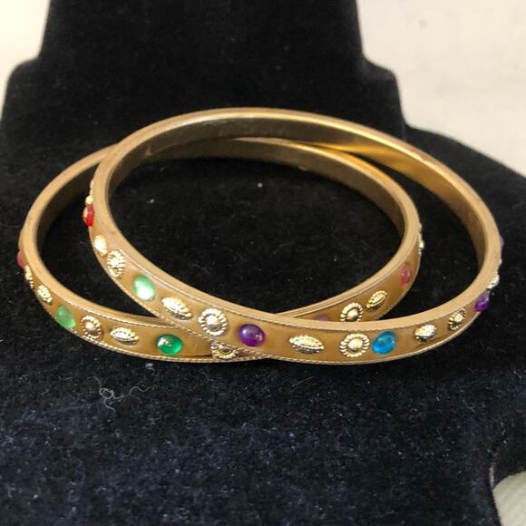 Two Multicolored Rhinestone Gold Stones Bangle Bracelets - Picture 6 of 16